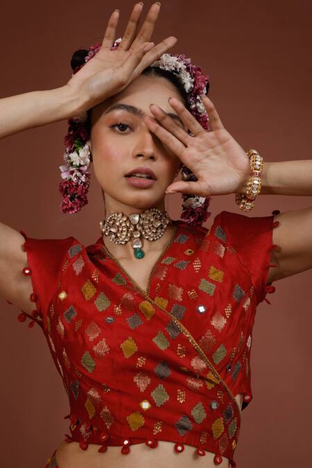 Neha Poddar_Red Wrap Blouse And Sharara Organza And Summer Applique Work & Set _Online_at_Aza_Fashions