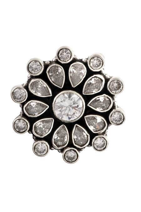 Buy_Noor_Silver Plated Crystals Zircon Studded Floral Ring_Online_at_Aza_Fashions