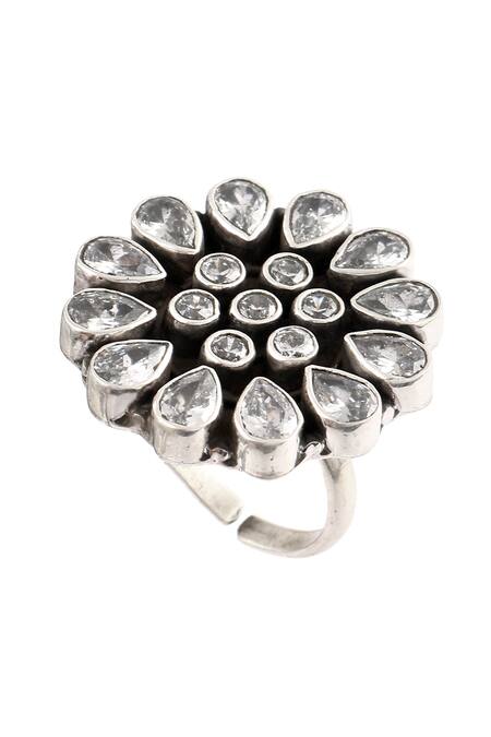Noor_Silver Plated Zari Floral Stone Studded Ring_Online_at_Aza_Fashions