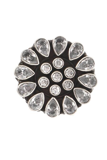 Buy_Noor_Silver Plated Zari Floral Stone Studded Ring_Online_at_Aza_Fashions