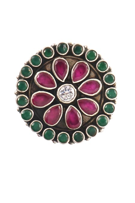 Buy_Noor_Silver Plated Crystals, Stones Floral Studded Ring_Online_at_Aza_Fashions