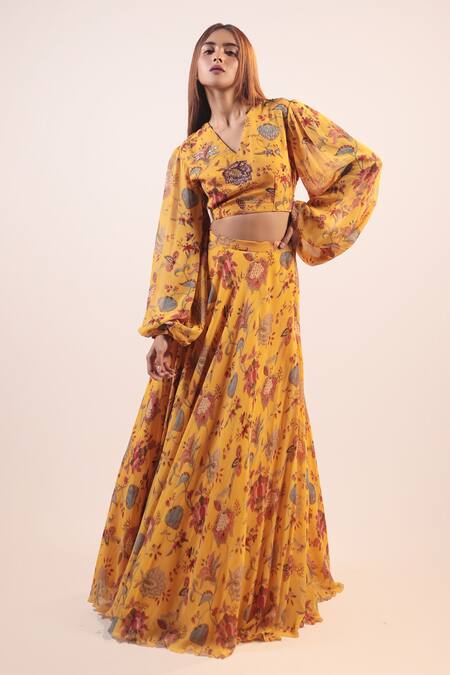 Label Shristi Chetani_Yellow Crepe, Georgette Beads V-neck Floral Pattern Lehenga Set_Online_at_Aza_Fashions