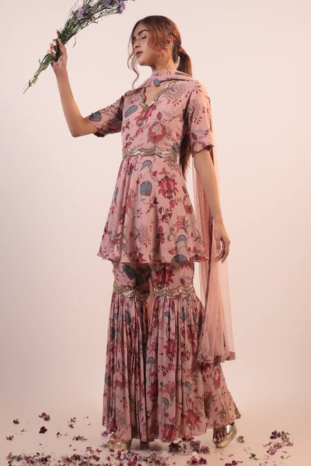 Label Shristi Chetani_Pink Crepe, Georgette Beads Scoop Neck Floral Embellished Kurta Sharara Set_Online_at_Aza_Fashions