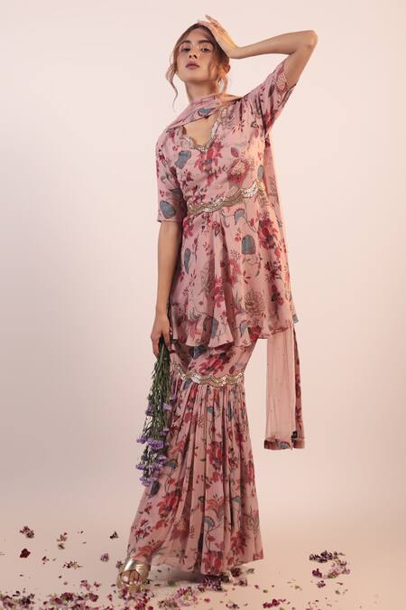 Shop_Label Shristi Chetani_Pink Crepe, Georgette Beads Scoop Neck Floral Embellished Kurta Sharara Set_Online_at_Aza_Fashions