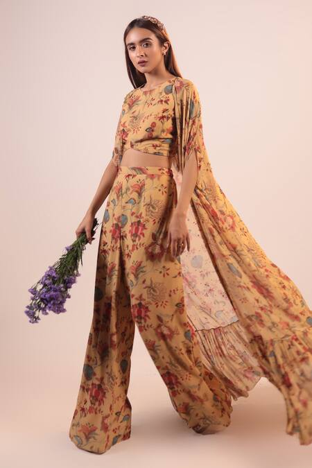 Label Shristi Chetani_Beige Crepe, Georgette Embroidery Round Neck Floral Pattern Cape Flared Pant Set _Online_at_Aza_Fashions