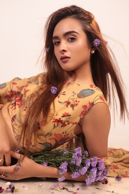 Shop_Label Shristi Chetani_Beige Crepe, Georgette Embroidery Round Neck Floral Pattern Cape Flared Pant Set _Online_at_Aza_Fashions