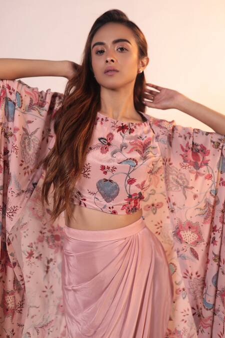 Buy_Label Shristi Chetani_Pink Crepe, Georgette Beads Round Neck Floral Pattern Cape Skirt Set_Online_at_Aza_Fashions