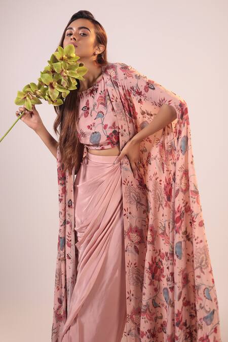 Shop_Label Shristi Chetani_Pink Crepe, Georgette Beads Round Neck Floral Pattern Cape Skirt Set_Online_at_Aza_Fashions