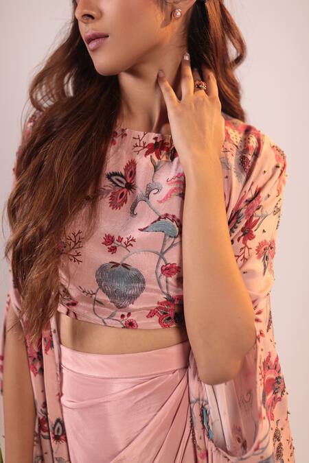 Label Shristi Chetani_Pink Crepe, Georgette Beads Round Neck Floral Pattern Cape Skirt Set_at_Aza_Fashions