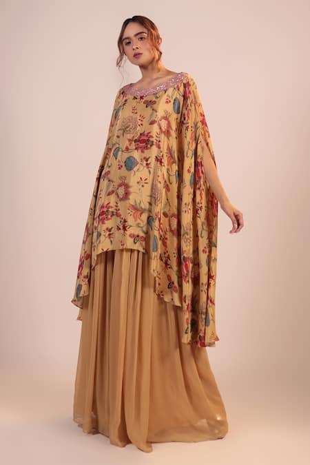 Label Shristi Chetani_Beige Crepe, Georgette Beads Boat Neck Floral Pattern Kaftan And Gathered Pant Set _Online_at_Aza_Fashions