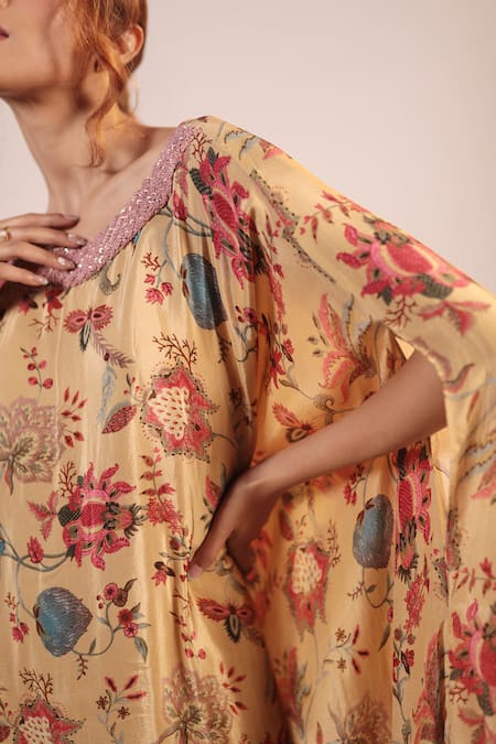 Buy_Label Shristi Chetani_Beige Crepe, Georgette Beads Boat Neck Floral Pattern Kaftan And Gathered Pant Set _Online_at_Aza_Fashions