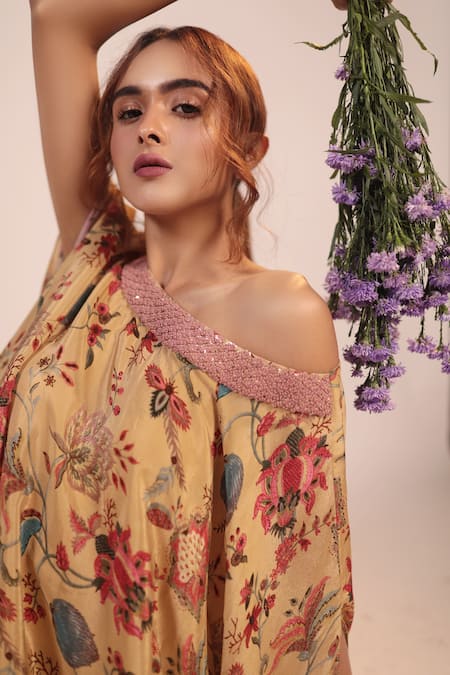 Shop_Label Shristi Chetani_Beige Crepe, Georgette Beads Boat Neck Floral Pattern Kaftan And Gathered Pant Set _Online_at_Aza_Fashions