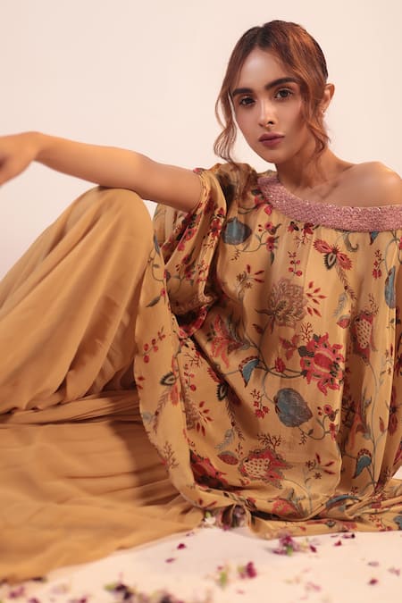 Label Shristi Chetani_Beige Crepe, Georgette Beads Boat Neck Floral Pattern Kaftan And Gathered Pant Set _at_Aza_Fashions