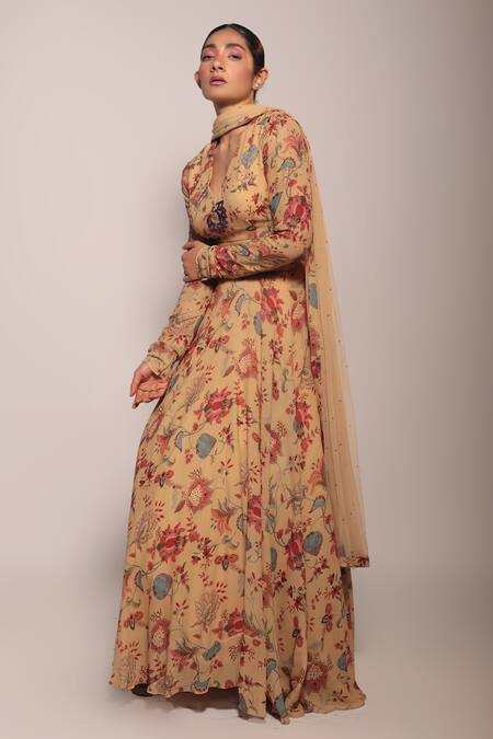 Label Shristi Chetani_Beige Crepe, Georgette Beads Floral Pattern Lehenga Embellished Blouse Set _Online_at_Aza_Fashions