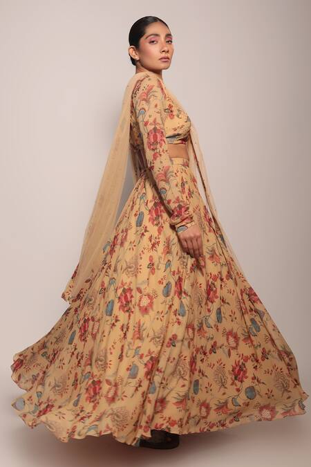 Buy_Label Shristi Chetani_Beige Crepe, Georgette Beads Floral Pattern Lehenga Embellished Blouse Set _Online_at_Aza_Fashions