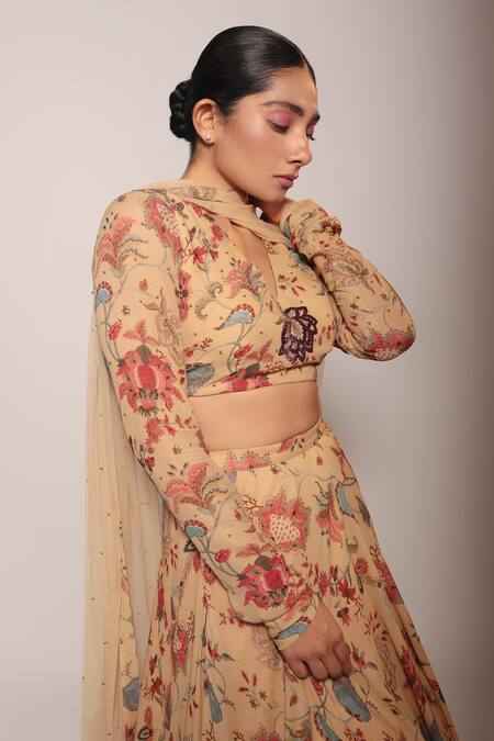 Shop_Label Shristi Chetani_Beige Crepe, Georgette Beads Floral Pattern Lehenga Embellished Blouse Set _Online_at_Aza_Fashions