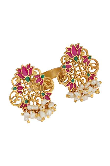 ZARIIN_Pink Pearls Enamel Glory Lotus Open Ring_Online_at_Aza_Fashions