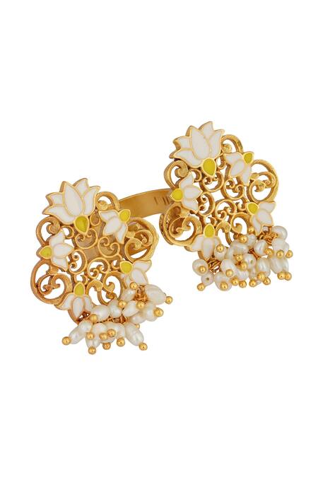 ZARIIN_White Pearls Enamel Glory Lotus Top Open Ring_Online_at_Aza_Fashions