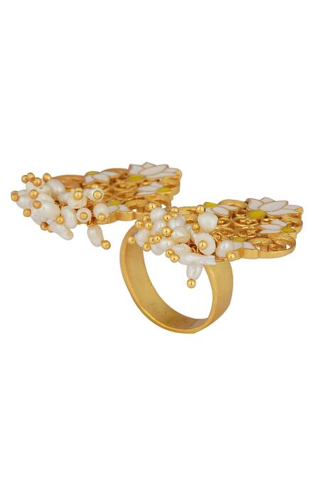 Buy_ZARIIN_White Pearls Enamel Glory Lotus Top Open Ring_Online_at_Aza_Fashions