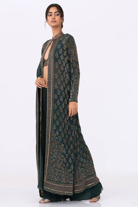 Buy_Nakul Sen_Green Chiffon Embroidery, Cut Work Mandarin Collar Cutdana Jacket Palazzo Set_Online_at_Aza_Fashions
