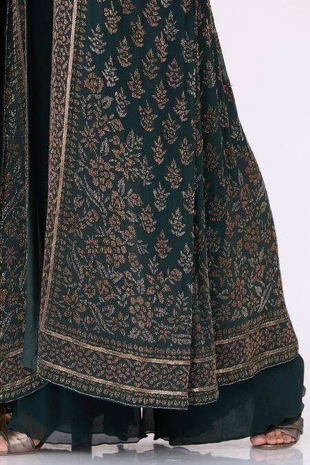 Shop_Nakul Sen_Green Chiffon Embroidery, Cut Work Mandarin Collar Cutdana Jacket Palazzo Set_Online_at_Aza_Fashions