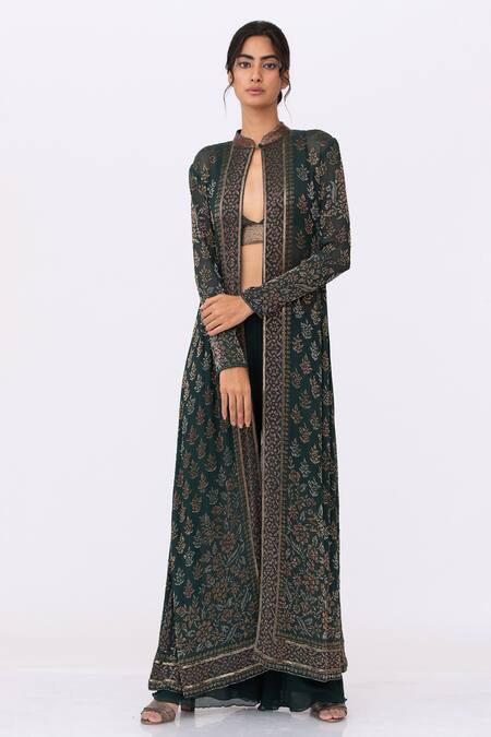 Buy_Nakul Sen_Green Chiffon Embroidery, Cut Work Mandarin Collar Cutdana Jacket Palazzo Set
