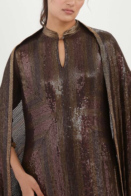 Nakul Sen Brown Chiffon Sequins, Embroidery Mandarin Collar Long Kurta Palazzo Set Online at Aza Fashions Nakul Sen_Brown Chiffon Sequins, Embroidery Mandarin Collar Long Kurta Palazzo Set_Online_at_Aza_Fashions