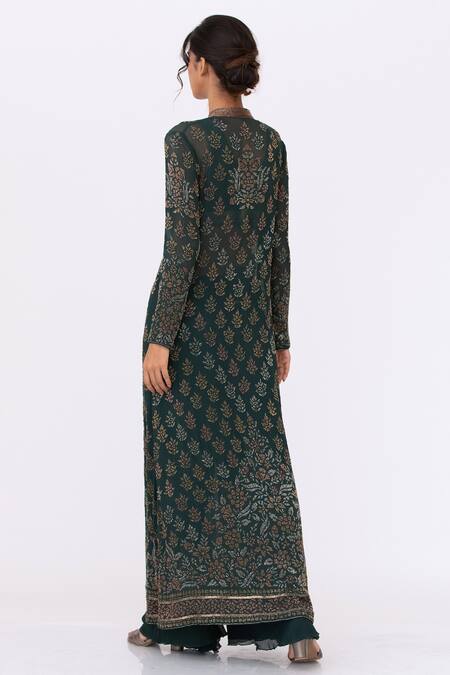 Shop_Nakul Sen_Green Chiffon Embroidery, Cut Work Mandarin Collar Cutdana Jacket Palazzo Set