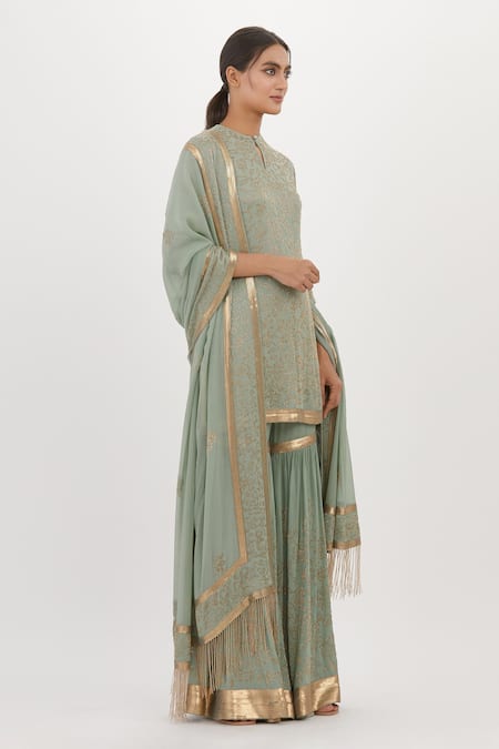 Nakul Sen_Green Chiffon Cut Work, Embroidery Keyhole Neck Cutdana Kurta Sharara Set_Online_at_Aza_Fashions