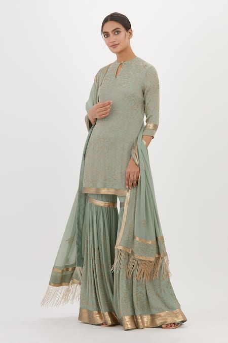 Buy_Nakul Sen_Green Chiffon Cut Work, Embroidery Keyhole Neck Cutdana Kurta Sharara Set_Online_at_Aza_Fashions