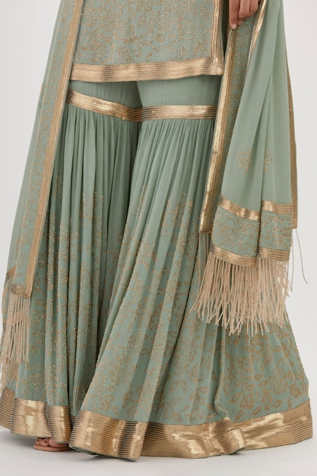 Shop_Nakul Sen_Green Chiffon Cut Work, Embroidery Keyhole Neck Cutdana Kurta Sharara Set_Online_at_Aza_Fashions