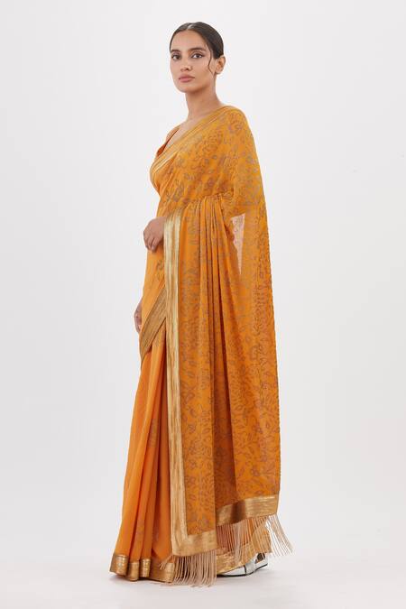 Nakul Sen_Orange Chiffon Cut Work Plunge Neck Cutdana Embroidered Saree With Blouse_Online_at_Aza_Fashions