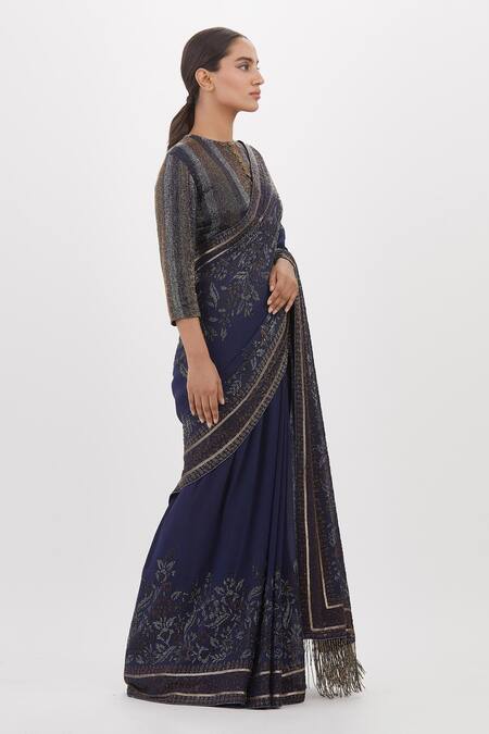 Nakul Sen Blue Chiffon Cut Work, Fringe, Embroidery Floral Cutdana Saree With Blouse Online at Aza Fashions Nakul Sen_Blue Chiffon Cut Work, Fringe, Embroidery Floral Cutdana Saree With Blouse_Online_at_Aza_Fashions