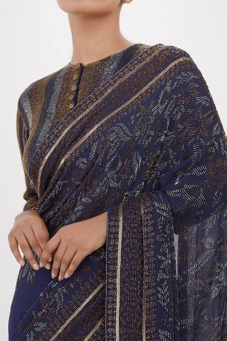 Buy Nakul Sen Blue Chiffon Cut Work, Fringe, Embroidery Floral Cutdana Saree With Blouse Online at Aza Fashions Buy_Nakul Sen_Blue Chiffon Cut Work, Fringe, Embroidery Floral Cutdana Saree With Blouse_Online_at_Aza_Fashions