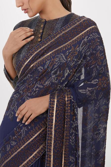 Shop Nakul Sen Blue Chiffon Cut Work, Fringe, Embroidery Floral Cutdana Saree With Blouse Online at Aza Fashions Shop_Nakul Sen_Blue Chiffon Cut Work, Fringe, Embroidery Floral Cutdana Saree With Blouse_Online_at_Aza_Fashions