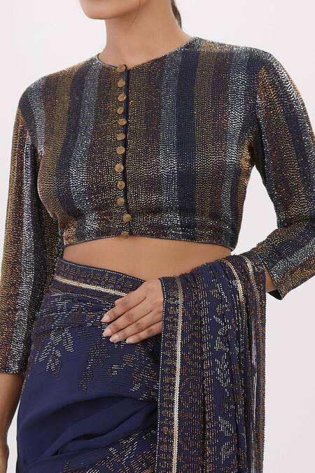 Nakul Sen Blue Chiffon Cut Work, Fringe, Embroidery Floral Cutdana Saree With Blouse at Aza Fashions Nakul Sen_Blue Chiffon Cut Work, Fringe, Embroidery Floral Cutdana Saree With Blouse_at_Aza_Fashions