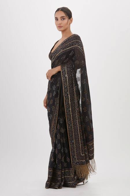 Nakul Sen Black Chiffon Embroidery, Cut Work Floral Cutdana Saree With Sleeveless Blouse Online at Aza Fashions Nakul Sen_Black Chiffon Embroidery, Cut Work Floral Cutdana Saree With Sleeveless Blouse_Online_at_Aza_Fashions