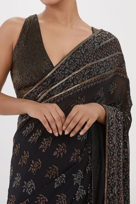 Buy Nakul Sen Black Chiffon Embroidery, Cut Work Floral Cutdana Saree With Sleeveless Blouse Online at Aza Fashions Buy_Nakul Sen_Black Chiffon Embroidery, Cut Work Floral Cutdana Saree With Sleeveless Blouse_Online_at_Aza_Fashions