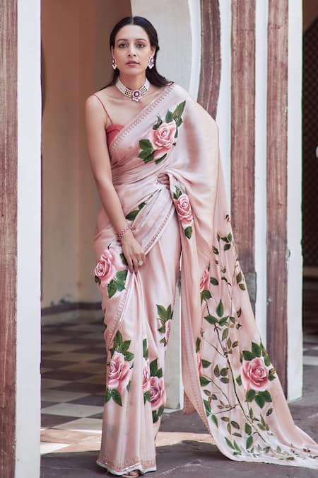 Neha Saxena_Pink Satin, Silk Sequins, Embroidery Sweetheart Hand Painted Saree With Blouse _Online_at_Aza_Fashions