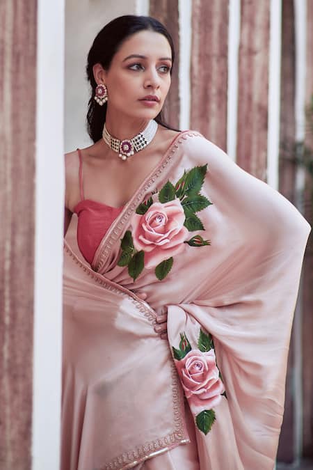 Buy_Neha Saxena_Pink Satin, Silk Sequins, Embroidery Sweetheart Hand Painted Saree With Blouse _Online_at_Aza_Fashions