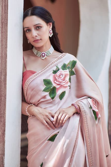 Shop_Neha Saxena_Pink Satin, Silk Sequins, Embroidery Sweetheart Hand Painted Saree With Blouse _Online_at_Aza_Fashions