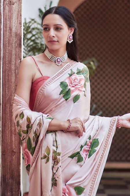 Neha Saxena_Pink Satin, Silk Sequins, Embroidery Sweetheart Hand Painted Saree With Blouse _at_Aza_Fashions