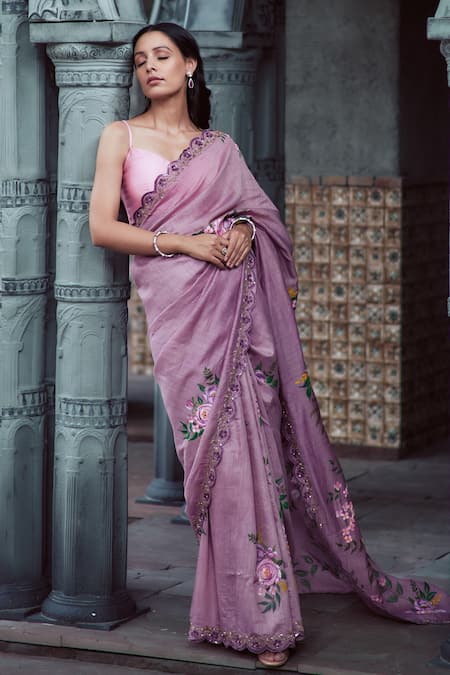 Neha Saxena_Purple Pure Muga Silk Hand Painted Roses Embroidered Saree With Blouse  _Online_at_Aza_Fashions