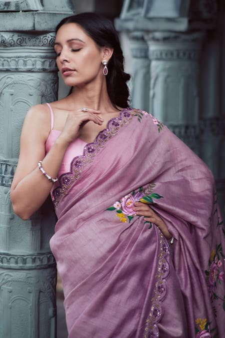 Buy_Neha Saxena_Purple Pure Muga Silk Hand Painted Roses Embroidered Saree With Blouse  _Online_at_Aza_Fashions