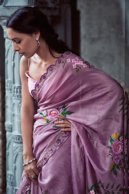 Shop_Neha Saxena_Purple Pure Muga Silk Hand Painted Roses Embroidered Saree With Blouse  _Online_at_Aza_Fashions