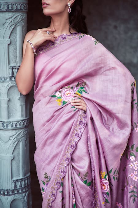 Neha Saxena_Purple Pure Muga Silk Hand Painted Roses Embroidered Saree With Blouse  _at_Aza_Fashions