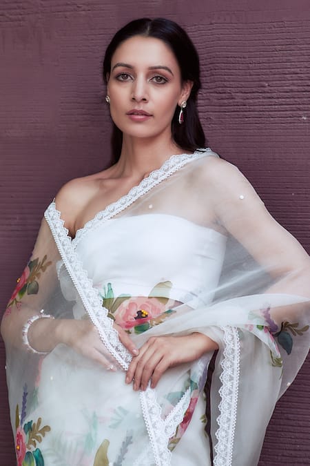Shop_Neha Saxena_White Silk Organza, , Satin Beads, Rose Bunch Hand Painted Saree _Online_at_Aza_Fashions