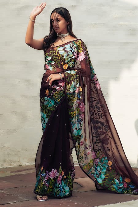 Buy_Neha Saxena_Brown Saree  Pure Silk Organza Hand Painted Cutdana  _Online_at_Aza_Fashions