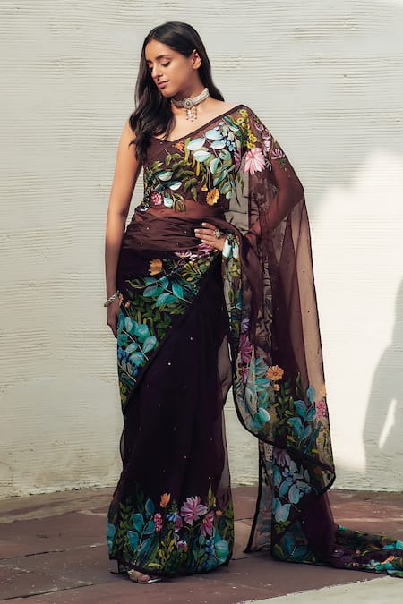 Shop_Neha Saxena_Brown Saree  Pure Silk Organza Hand Painted Cutdana  _Online_at_Aza_Fashions
