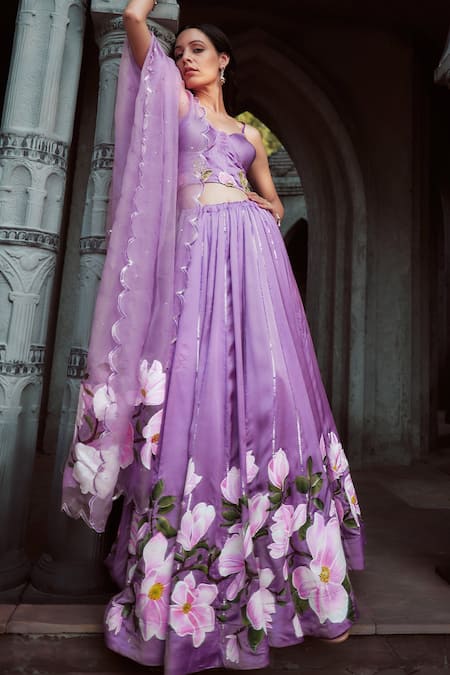 Buy_Neha Saxena_Purple Modal Silk Hand Painted Embroidered Corset Top Lehenga Set  _Online_at_Aza_Fashions